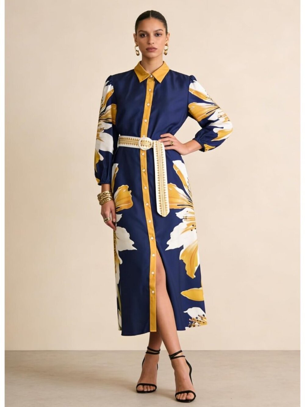 Women's Summer Maxi Dress Navy Long Sleeve Button Down Shirt Dress with Pocket - Picture 3 of 6